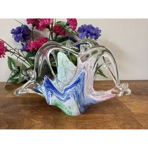 Vintage Hand-Blown Art Glass Centerpiece Bowl Multicolour Ribbon Swirl Sculpture